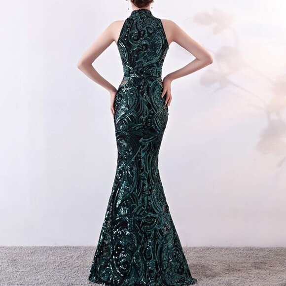 Elegant Halter Fishtail Slim Party Dress - Size Small - Black/ black - Picture 6 of 9